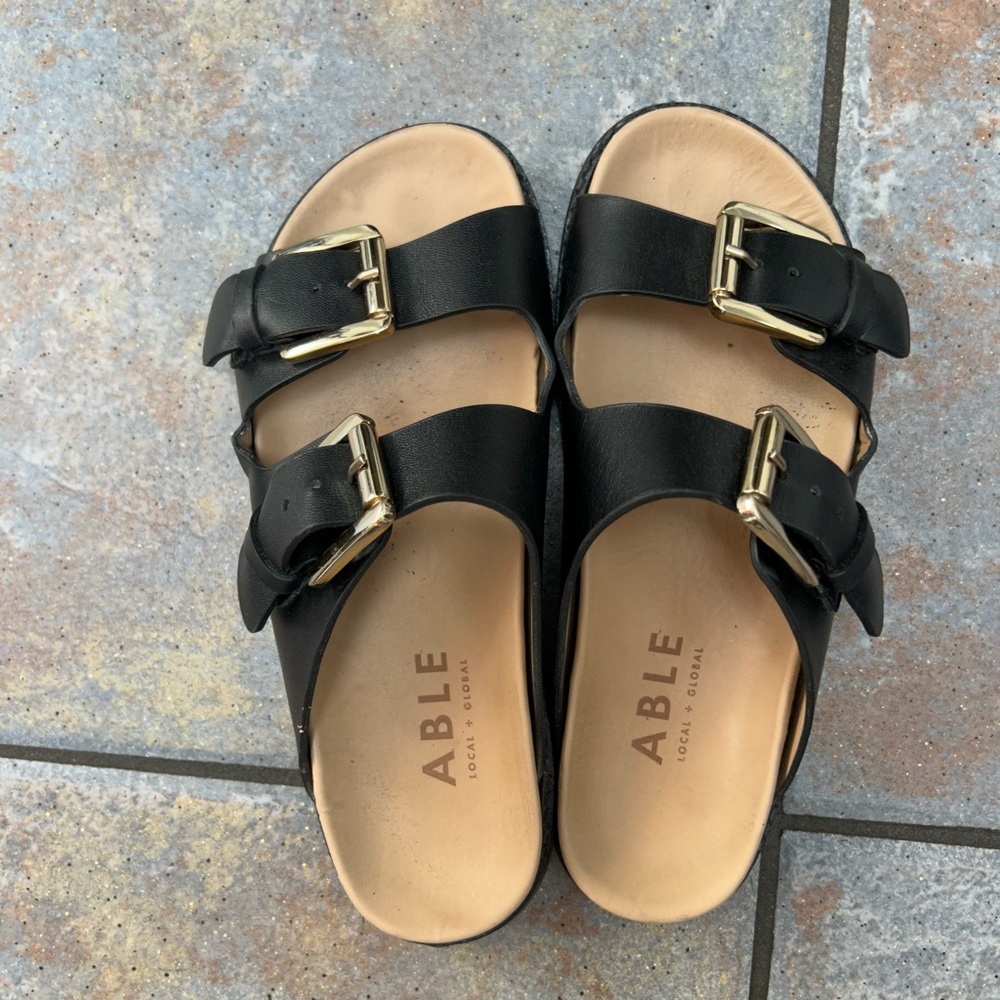Able Black and Gold Double-Strap Sandals